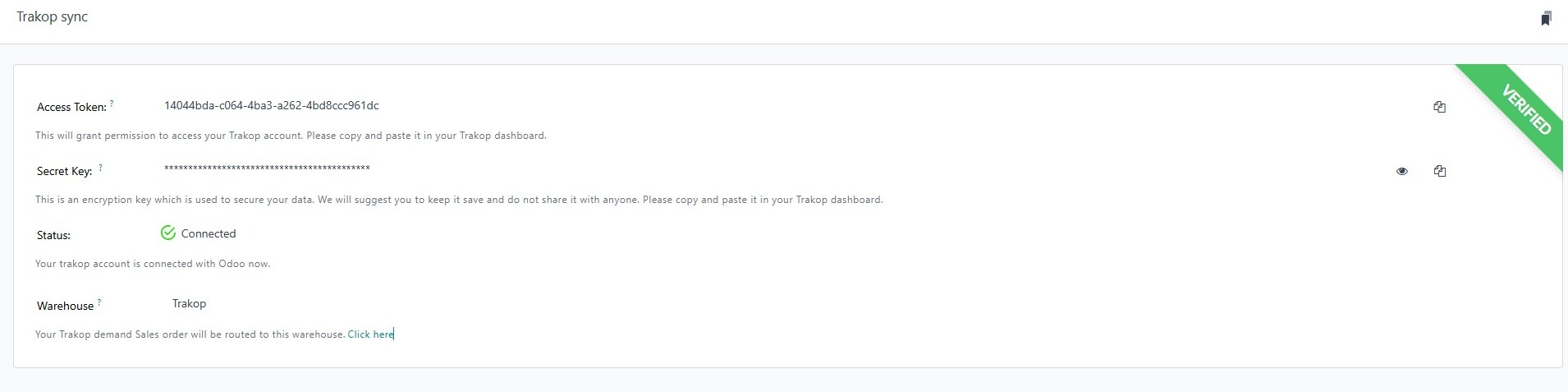 TrakOp Sync connection status showing Verified in Odoo
