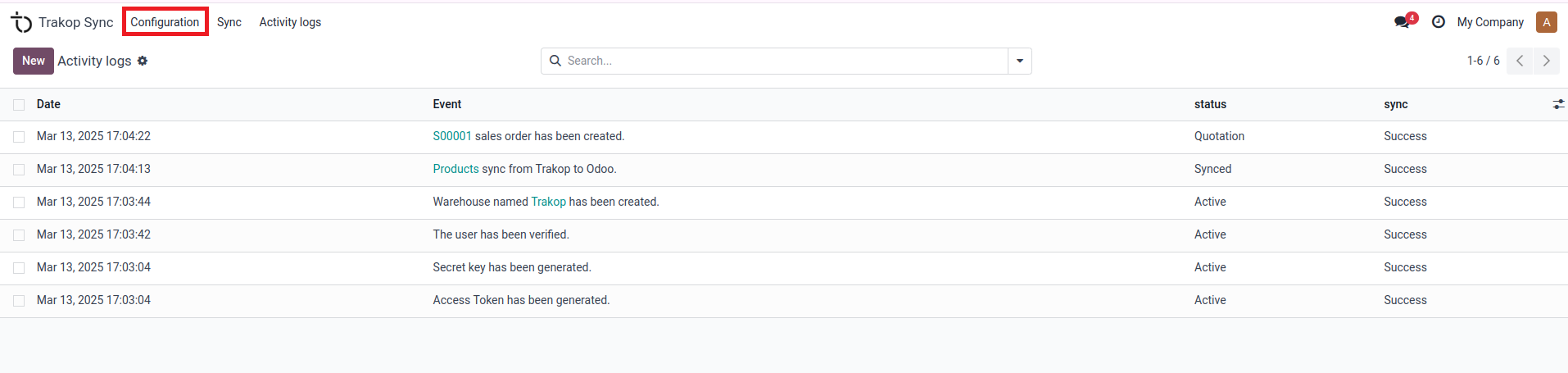 TrakOp Sync Configurations menu in Odoo