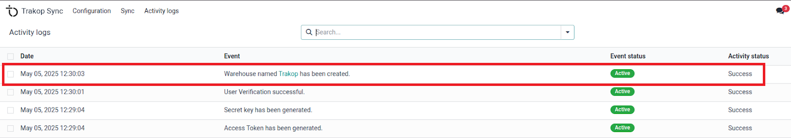 TrakOp Sync activity logs listing every sync action in Odoo