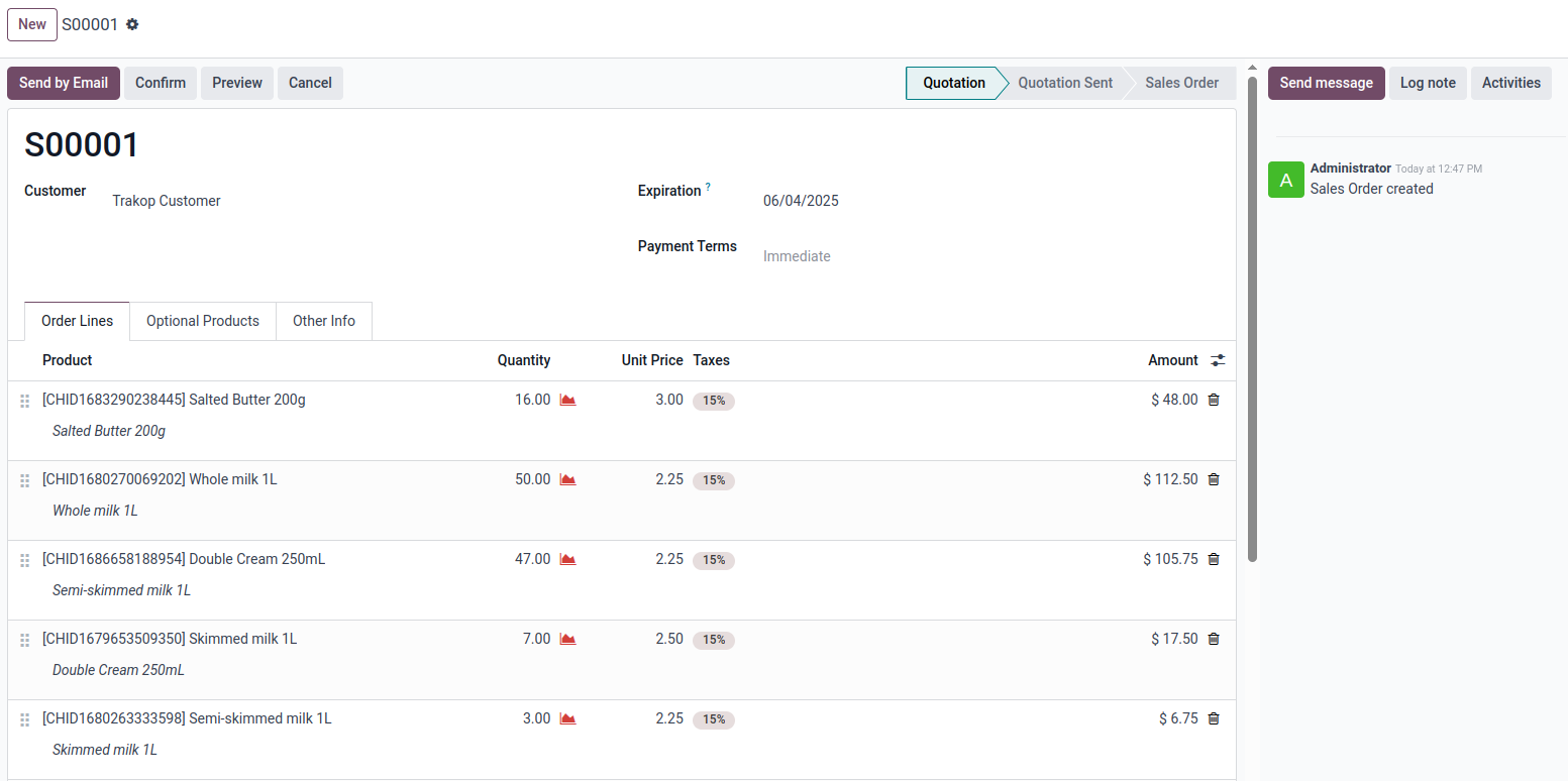 Sales order created in Odoo from a TrakOp delivery