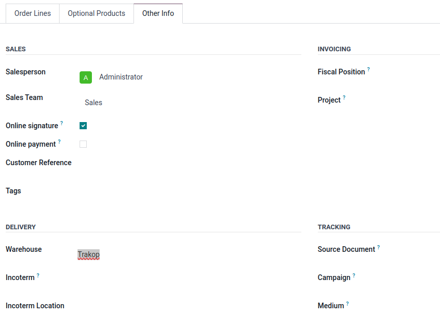 Other Info tab showing the sales order demanding stock from the TrakOp warehouse