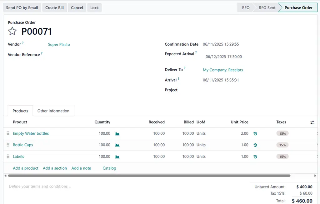 ravi garg, master software solutions, odoo, resupply subcontracting, generate bill, bill reference