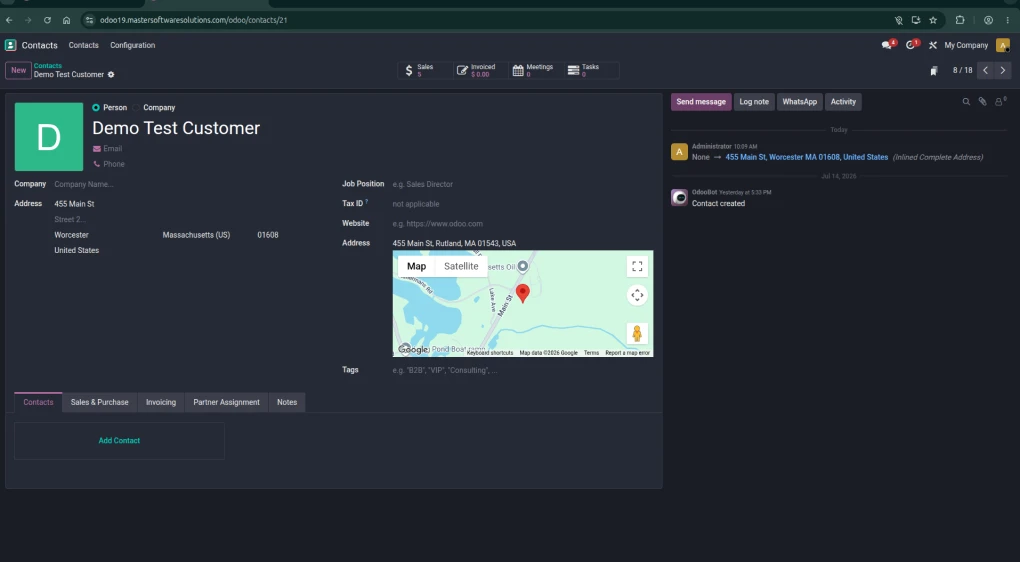 Contact module opened from the Odoo dashboard