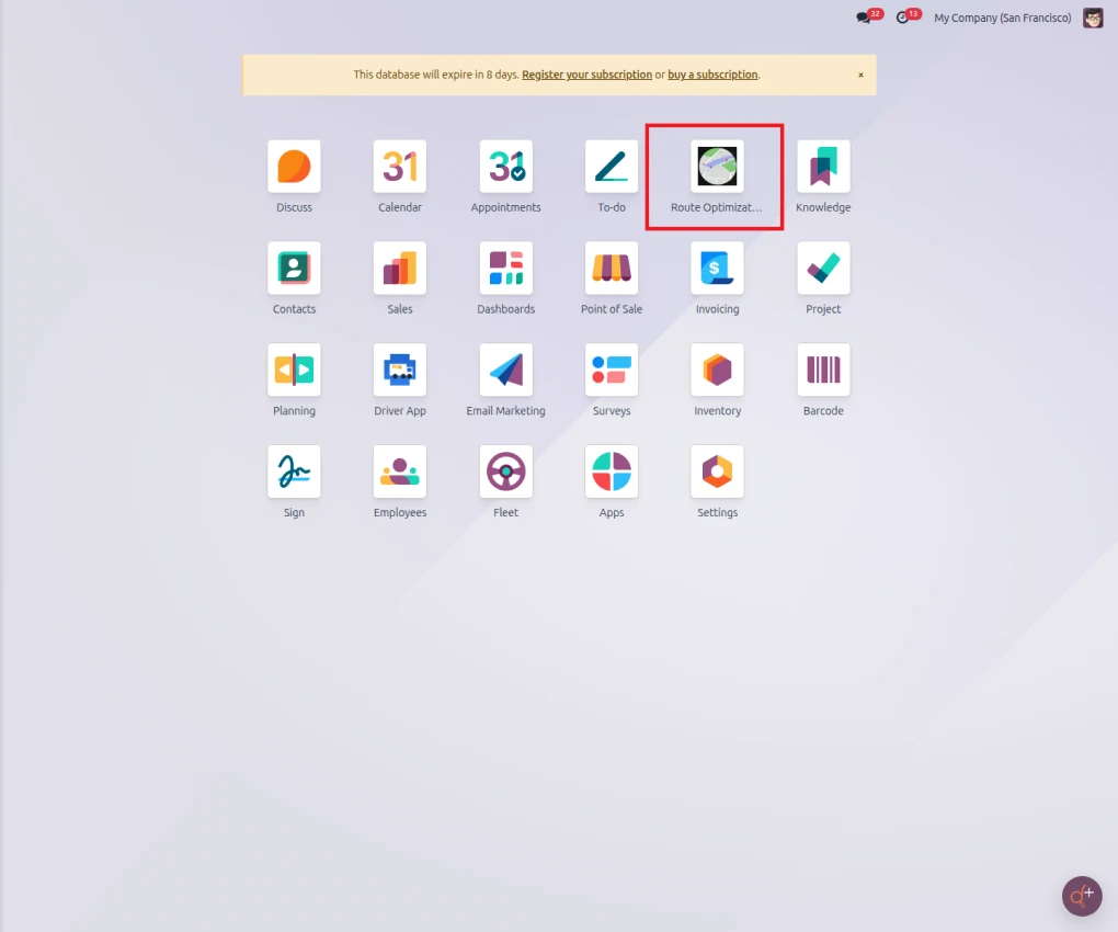 Odoo Settings menu from the dashboard
