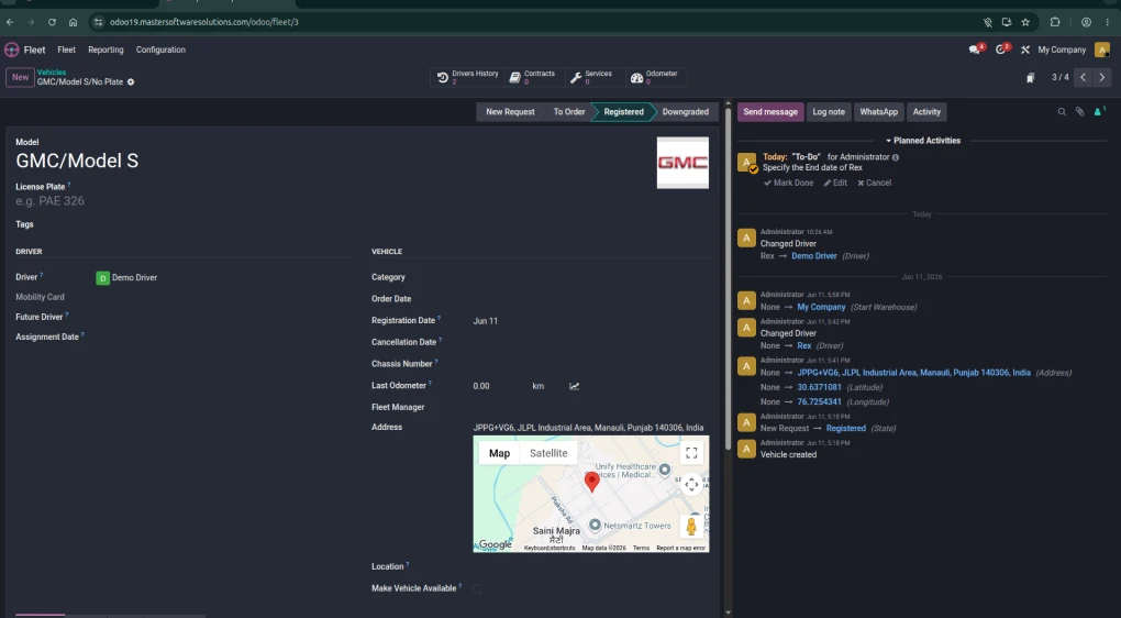 Fleet module opened from the Odoo dashboard